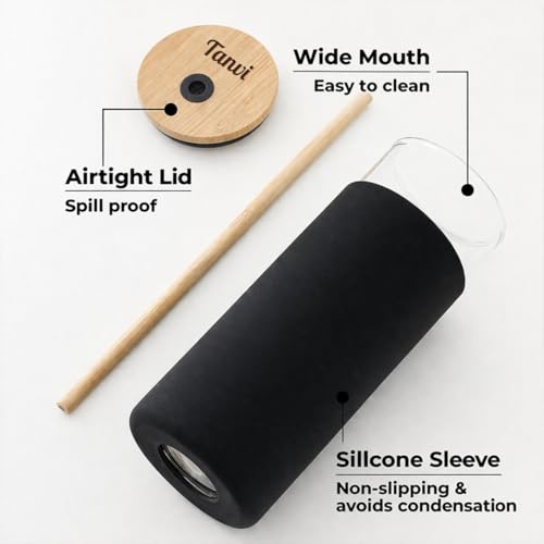 Image of Giftana Personalized Borosilicate Glass Water Bottle 500ml with Glass Sipper Tumbler 450ml, Reusable Leakproof Drinking Bottle with Silicone Sleeve, Eco-Friendly Bottle for Office Gym Travel (Black)