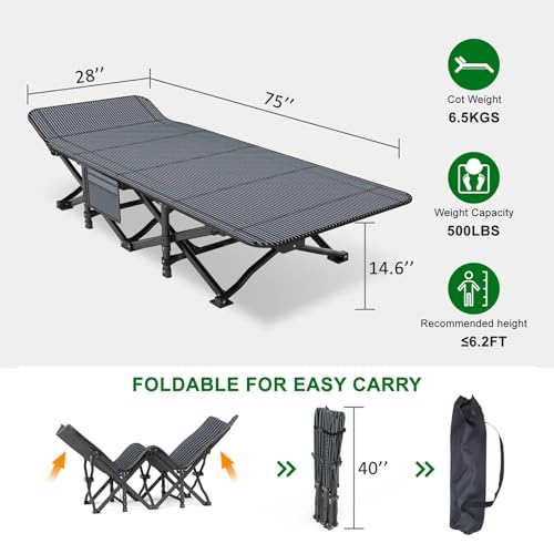 Camping Cot, 28'' Wide Heavy Duty Sleeping Bed for Adult, Protable Folding Cot with Mattress & Carry Bag (Black) - Thumbnail 4
