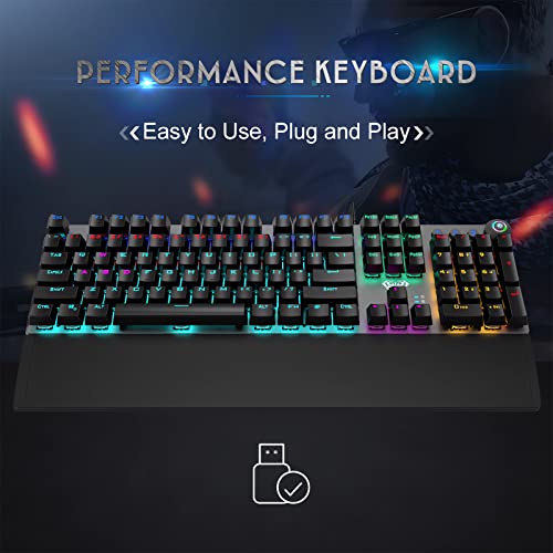 Aula True Mechanical Keyboard Wired Led Rainbow Backlit Gaming Keyboard With Clicky Blue Switches Detachable Wrist Rest, Full Size 108 Key Anti-Ghosting Computer Mechanical Keyboard - Black #TOP6