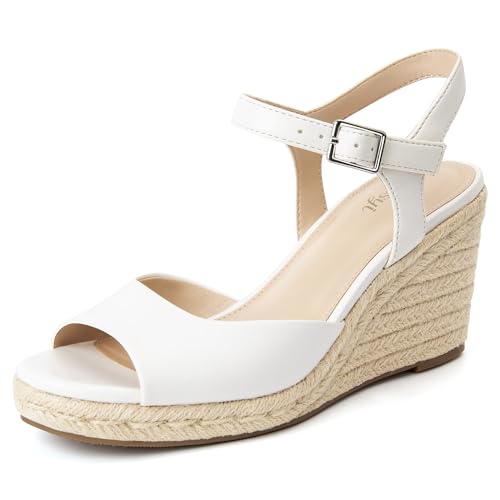 Soesyi Women's Wedge Platform Sandals Braided Espadrilles Ankle Strap Open Toe Buckle Sandals Comfortable Summer Shoes,Size 8.5，White