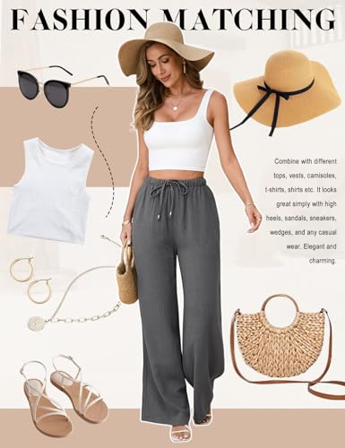 Image of Linen Pants for Women Flowy Palazzo Pants Boho High Waist Wide Leg Trousers Tall Slim Summer Beach Vacation Outfit 2026 Grey