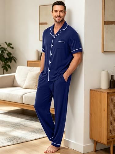 Image of Men's Short Sleeve Pajama Set, Soft Cotton Button Down Sleepwear Top & Long Pants, Loungewear PJs with Pockets S-XXXL