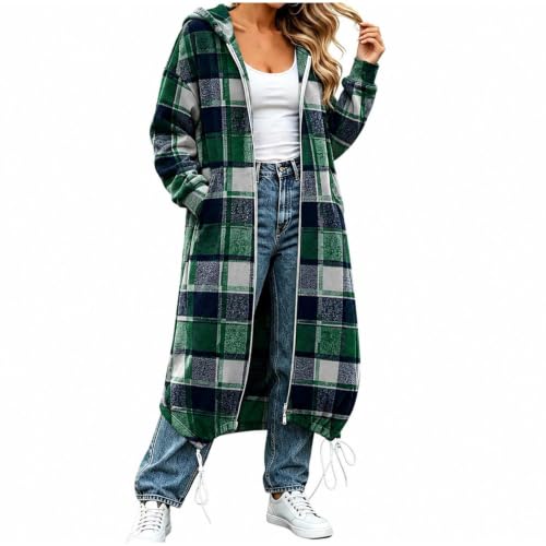 Wool Coats Women Plaid Double Zipper with Pockets Long Sleeve Checked Coat