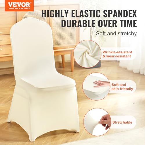 Image of VEVOR Stretch Spandex Folding Chair Covers, Universal Fitted Chair Cover, Removable Washable Protective Slipcovers, for Wedding, Holiday, Banquet, Party, Celebration, Dining, 100PCS (Ivory /Beige) | for Wedding Holiday Party Banquet Celebration, Elegant Event Decor, Dining Room Chair Cover, Removable Washable Slipcovers