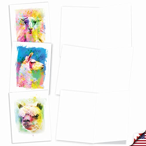 The Best Card Company Assorted Animal Watercolor Blank Greeting Card Box Set - Incl. 10 Unique Notecards Designs + Envelopes for Thank You, Invitations - Funky Rainbow Llamas AM6862OCB-B1x10