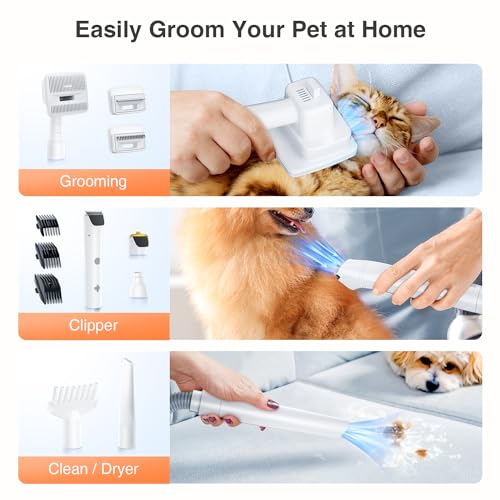 LABIGO Dog Hair Vacuum & Dryer & Clipper 3 in 1, Dog Grooming Kit with Pet Clipper Nail Grinder, Pet Hair Dryer with Adjustable Speed and Temperature, 8 Pet Grooming Tools for Dogs Cats, 2.7L Dust Cup