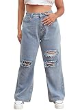WDIRARA Women's Plus Size High Waist Ripped Wide Leg Jeans Baggy Denim Pants Light Wash 4XL