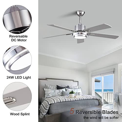 Boomjoy 52”Wood Ceiling Fans With Lights And Remote Control Indoor Outdoor Modern Silver Ceiling Fan With Led Bright Light For Living Room Bedroom Farmhouse Patios Garage Gazebo Dc Motor Dual 5 Blades #TOP3