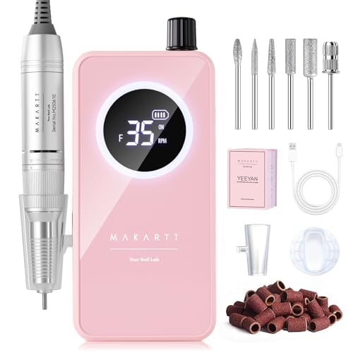 Makartt Nail Drill Pink Rechargeable 35000 RPM for Acrylic & Gel | Professional Electric File, Quiet & Lightweight, For Acrylic, Gel & Dip Powder, Ideal for Salon & Home, Great for Beginners