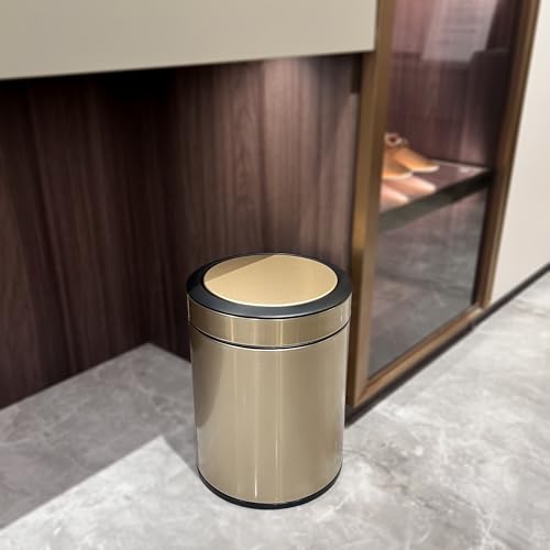 Image of KInGSUnS Batthroom Trash Can with Lid for Kitchen,Living Room,Bedroom,2.1 Gal /8Liter Round Small Brushed Stainless Steel Garbage Can for Hotel, Office,Home Decor, Fashion Design,Anti Fingerprint,Gold