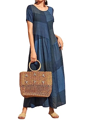 Onsoyours Sommerkleid Kurzarm Damen Baumwolle Leinenkleider Gestreift Rundhals Maxikleid A-Linie Tunika Kleid Lose Casual Strandkleid Mit Taschen...