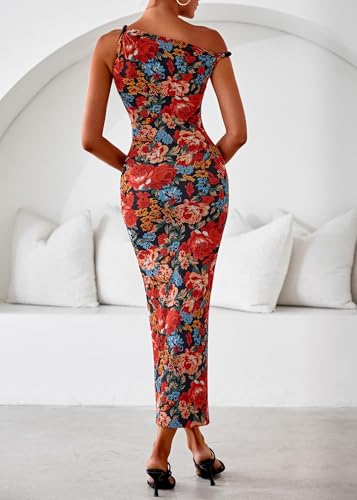 Lazysmile Summer Floral Maxi Dresses for Women One Shoulder Bodycon Mesh Elegant Formal Cocktail Wedding Guest Party Dress Red — view 2