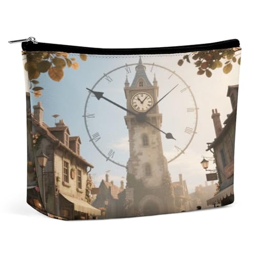 Waterproof Travel Makeup Bag Case Organizer, PU Leather Magic Clock Tower Town Cosmetic Bags, Small Toiletry Case Cute, Portable Zipper Pouch for Women Men, Travel Accessories