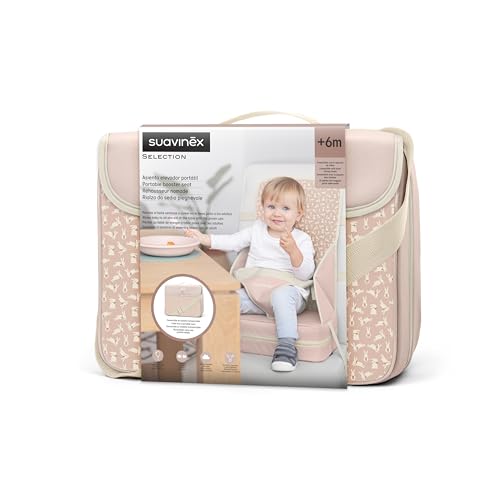 Suavinex, Trona Portátil para Bebés +6 Meses, Alzador de Silla para Comer, Asiento Elevador Universal Convertible en Bolso, Fácil de Limpiar, Ligero, con Arnés, Cómodo, Blandito y con Respaldo, Rosa