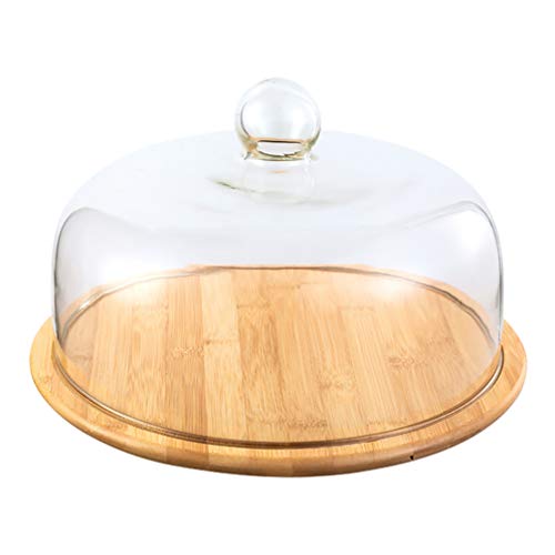 VOSAREA 1 lot de cloche en verre avec assiette en bois ronde transparente pour dessert, présentoir à gâteaux (transparent, 26 cm)
