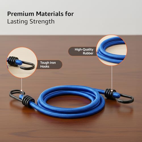 Image of Amazon Basics Flat Bungee Cord with Heavy-Duty Iron Hooks | Super Elastic Rubber Strap with Scratch-Resistant Coating & Color-Coded Size System (Red, Blue and Yellow)