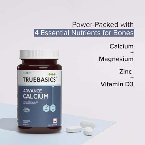 Image of TrueBasics Advance Calcium Tablets for Women and Men, with Vitamin D3, Vitamin K2-MK7, Magnesium, Zinc, Alfalfa, Clinically Researched Ingredients, 90 Calcium Tablets