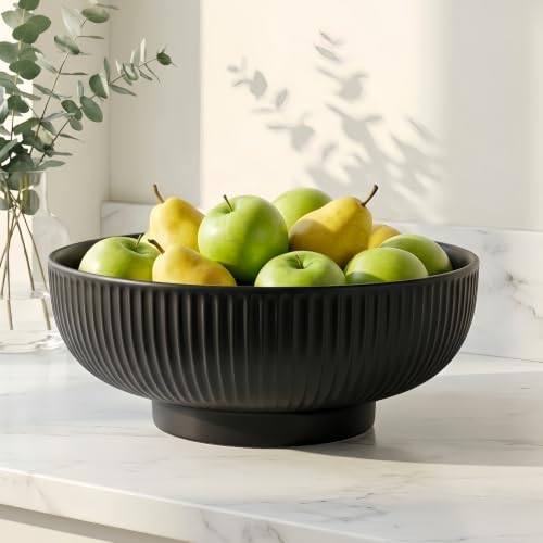JolieJulie 10.5" Ceramic Fruit Bowl For Kitchen Counter, Matte Black