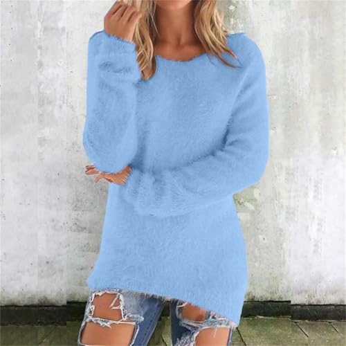 Sweater for Women UK Autumn Winter Warm Pullover Sweatshirts Casual Plus Size Long Sleeve Thermal Jumpers Ladies Soft Cozy Fuzzy Plush Pullovers Loose Slouchy Sweater Tops(Blue,L)