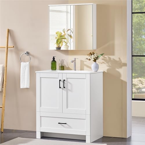 Miniatura 7 de Yaheetech Armario De Baño Con Espejo Armario Colgante De Pared Con 2 Puertas Y Estante Ajustable Moderno Para Dormitorio Salón 63x15x60 Cm Blanco