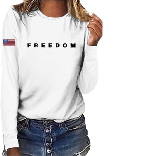 Womens Freedom Shirt American Flag Printed Commemorative Shirts Patriotic Novelty T Shirts Crewneck Long Sleeve Tops White Small