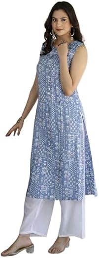 ALENJAN Rayon Kurti for Women | Sleeveless Single Long Kurti for Women | Blue | 1102