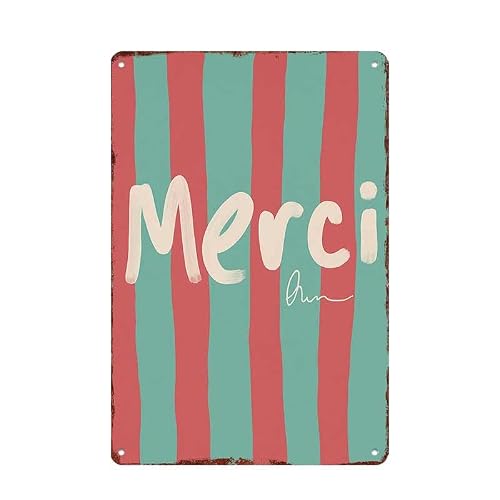 Vintage Striped "Merci" Printed Metal Sign, 8x12 Inch Aluminum Wall Art, Retro Decorative Tin Sign for Home Cafe Store Wall Decor