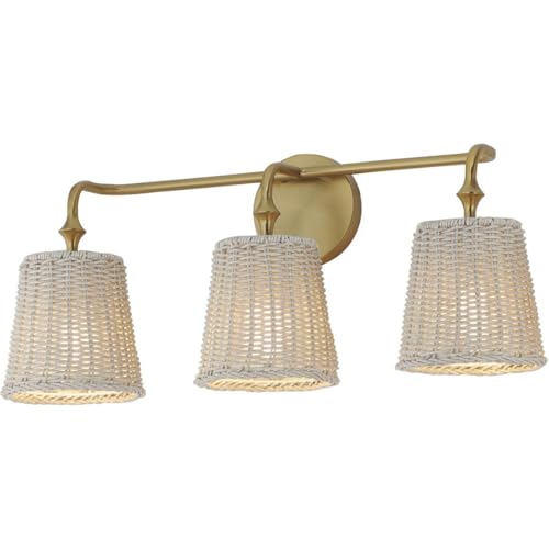 Maxim Lighting Baja 3-Light Bath Vanity Light | Natural Aged Brass Steel Finish | Rattan Shade | Coastal Indoor Light Fixture | Ideal for Bathrooms & Powder Rooms | Dimmable Damp Rated | 21483WWTNAB
