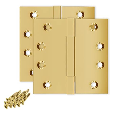 Finsbury Hardware Door Hinge 4" x 4" Inch Solid Brass - Square Barrel Knuckle, Heavy Duty, Gold Designer Hinges, US3 - Set of 2 (Polished Brass) Cover