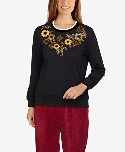 Alfred Dunner Womens Sunflower Yoke Top, Black, S #TOP4
