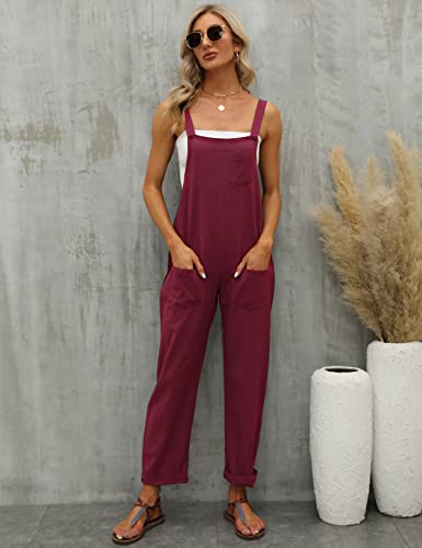 Gihuo Women's Casual Baggy Loose Cotton Linen Overalls Jumpsuit（Wine-S） #TOP4