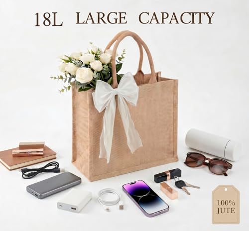 ZVQTD 12pcs Burlap Tote Bags Set with Handles, Large Jute Tote Waterproof Reusable Blank Grocery Bags with Ribbon 15*6*12 Inch for Bridesmaid Gift, Beach, Travel, Wedding Party Favors, DIY, Shopping by ZVQTD - Used condition - Image 7