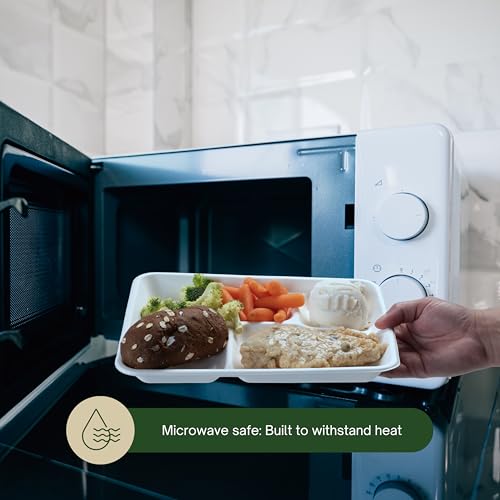 Image of FSE 100% Compostable Paper Plates with 5 Compartments, 8x10 Inch, School Lunch Trays, Heavy Duty Disposable Plates, Eco-Friendly Unbleached Bagasse, Microwave Safe, (Case of 500)