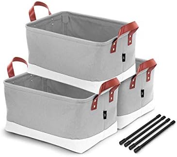 Vulko Large Fabric Storage Baskets Set of 3 - Canvas Grey Basket Upgraded With Support Rods For Wardrobe, Clothes, Shelves, Closet, Toys, Home. Maintain Shape Boxes (38 x 26 x 20cm) organisers