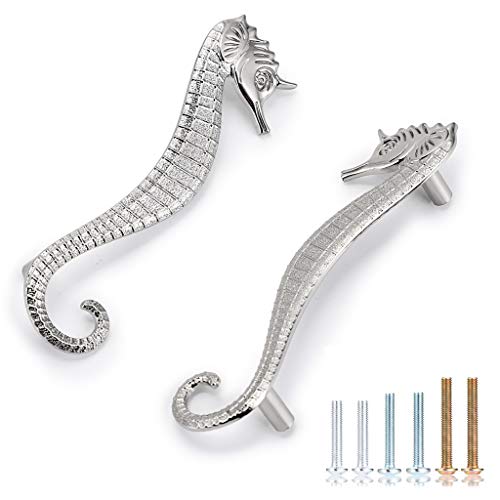 JUXYES Beach Ocean Theme Seahorse Shaped Drawer Handle Pulls, Marine Style Dresser Drawers Pulls Zinc Alloy Coastal Metal Decorative Drawer Pulls for Cupboard Cabinet Dresser Closet (Silver) by JUXYES - Used condition - US$13.16