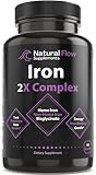 Iron Supplement 2-in-1 Complete Complex - Natural Flow 2X Heme and Chelated Non Heme Iron Bisglycinate, Folate, B and Vitamin C, for Anemia and Blood Building Support, Gentle on Stomach, 90 Caps