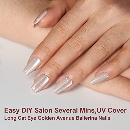 Polychrome&Air Press On Nails Medium Long Coffin Ballerina Abs Natural Fit Fake Nails With Jelly Glue Reusable Manicure Glue On Nails Woman And Girl False Nails Uv Cover Glossy 15Sizes 30Pcs(Cat Eye） #TOP5