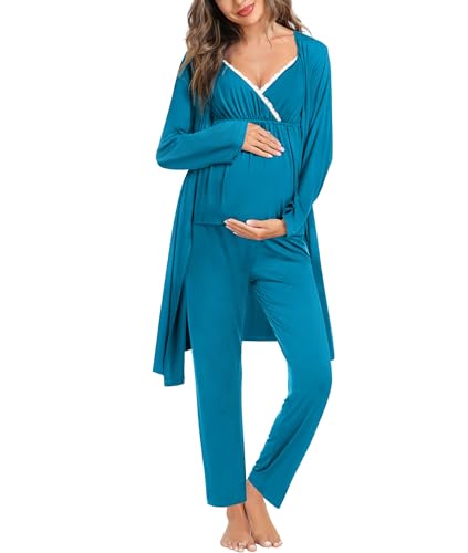 Image of SWOMOG Maternity Nursing Robe Set 3 Piece Breastfeeding Pajamas 3 in 1 Labor Delivery Sleevless Tops&Long Pants Pregnancy Pjs