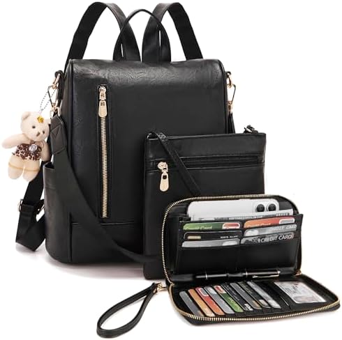 Soperwillton Women Fashion Backpack Purse Anti-Theft Leather Shoulder Bag Travel Multi Pockets Handbag Wallet Set 3pcs