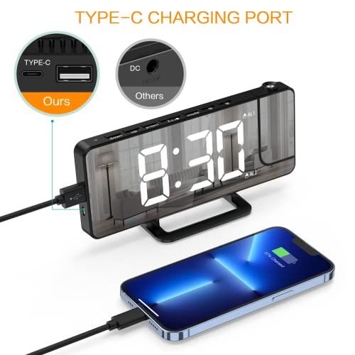 Projection Alarm Clock, Digital Clock With 180° Rotatable Projector, 6-Level Brightness Alarm Clock For Bedroom With 2 Alarms, Snooze, Alarm Clock With Projection On Ceiling, Usb Charger Ports, 12/24H #TOP5