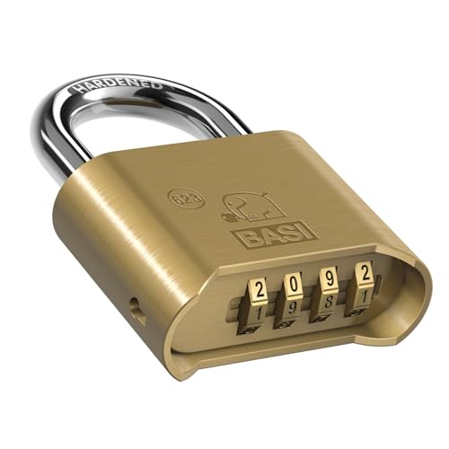 BASI | Zahlenschloss aus Messing | Bügelhöhe 28 mm | Individuell einstellbarer Zahlencode mit Kodierungsschlüssel | wetterfestes Vorhangschloss | 4-stellige Zahlenkombination