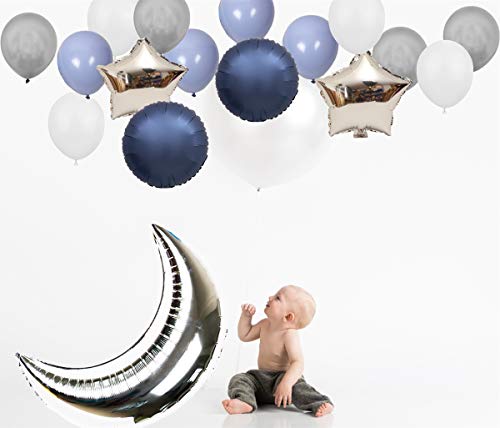 Inby 20Pcs Silver Moon Balloon Party Decoration Kit 36" Moon 18" Star Foil Mylar Balloon 12" Latex Balloon For Baby Boy Girl Shower Birthday Wedding Sky Night Moon Star Theme Party Supplies Decor #TOP2