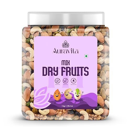 Auravita Mix Dry Fruit 1KG | Healthy Mixed Nuts and Seed with Almonds, Cashews, Dates, Pumpkin Seeds, Candied Amla | Reusable Jar Pack