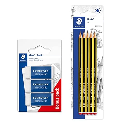 STAEDTLER 5 lápices Noris y 3 gomas de borrar Mars de plástico, sin ftalato ni látex, poco desmenuzable, blanco, poco desgaste