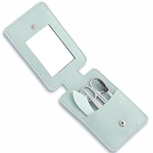 Eyebrow Trimmer Kit, 5-in-1 Set with Eyebrow Scissors, Eyebrow Razor, Tweezer, Brush, and Mirror for Women, Includes Leather Carry-Around Bag (Green).