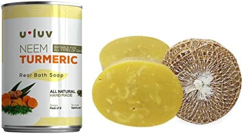 U LUV Neem Turmeric Natural Soap Bar | Handmade Bath Soap for Women With Blends of All the Naturally Derived Ingredients | Suitable for All Skin Types (100 gram X Pack of 2) With Natural Root Scrub
