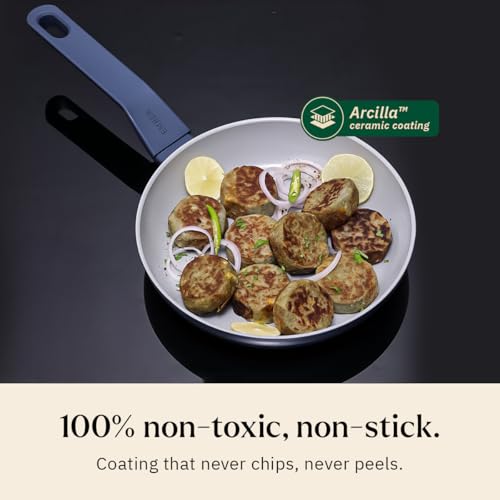 Image of Ember Cookware Arcilla Ceramic Frying Pan 24cm | Non Stick Cookware | Non Toxic Pan | ISI Certified | Ceramic Fry Pan for Cooking | PFAS & PTFE Free | 5-Year Warranty | Blue