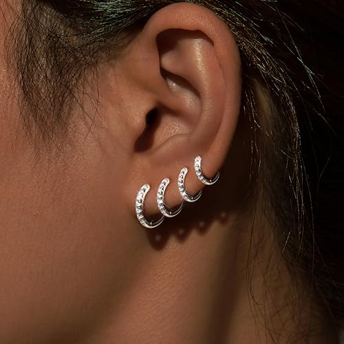 Image of Small Gold Huggie Hoop Earrings Set for Women Men Hypoallergenic 14K Plated Stack Cartilage Earrings, Sterling Silver Multiple Piercing Lightweight Mini Thin Cute Dainty Trendy Jewelry Gifts for Women