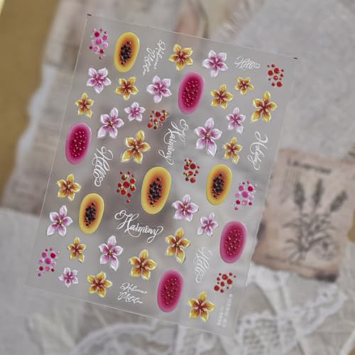 Image of Flower Nail Stickers Decals 5D Embossed Self Adhesive Fruit Nail Decals | Watercolor Floral Nail Art Decals Pink Yellow Nail Art Stickers for Women Holiday Manicure Decor Accessories Supply 1 Sheet
