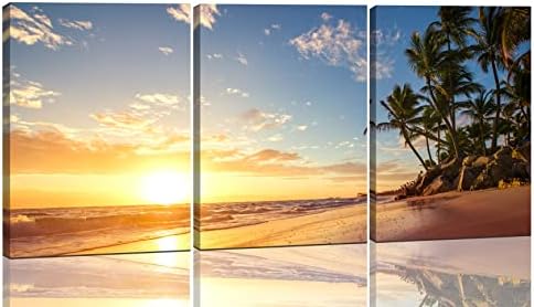 Beach Canvas Wall Art Pictures for Living Room Blue Ocean Palm Trees Painting for Bathroom Decor 3 Panel Gold Sunset Art Print for Bedroom Home Office Decoration, Ready to Hang (12*16*3 pcs, Ocean Palm Trees Wall Art)